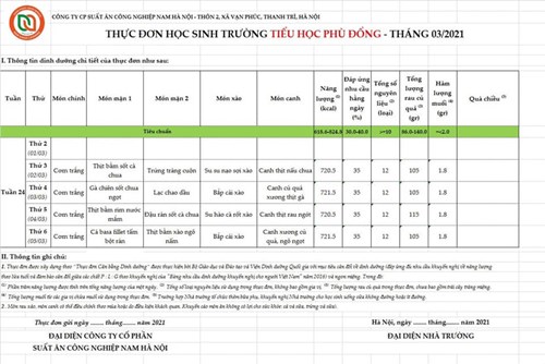 Thực đơn bán trú tuần từ 02/03/2021 đến 05/03/2021